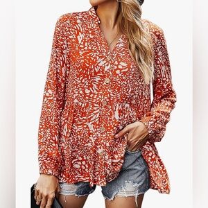 Women's Red and White Button-Up Blouse